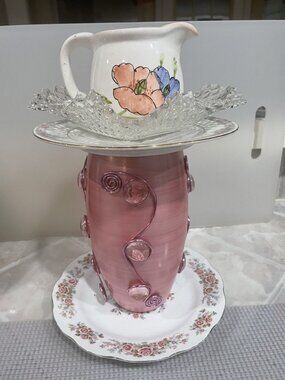 Bird Feeder TABLETOP Homemade with recycled glassware, stoneware